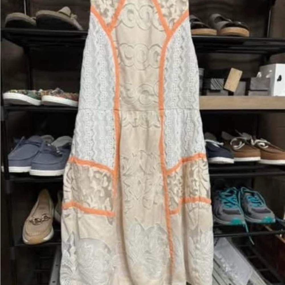 Elegant Lace Panel Dress in Cream and Orange